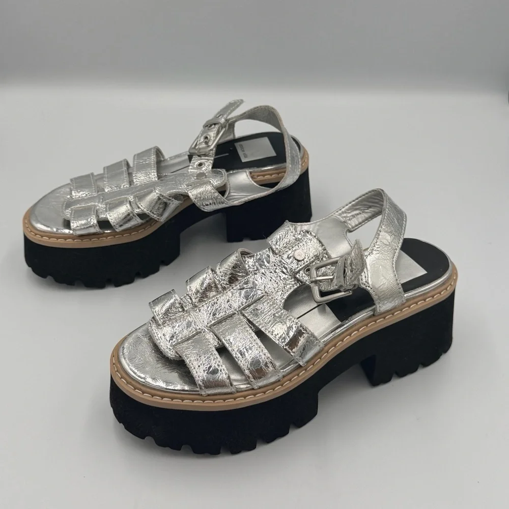 Dolce Vita Silver Metallic Fisherman Black Chunky Heel Platform Boho Sandal 7